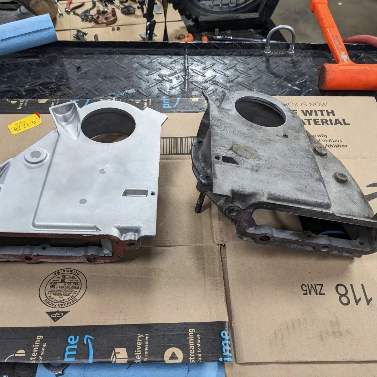 Engine timing cover — before and after vapor blasting
